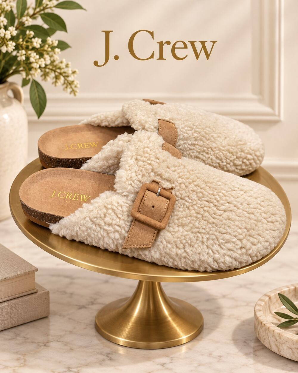 J.Crew Buckle Clog Slippers Dusty Ivory Sherpa Mules Size 9 NWOT